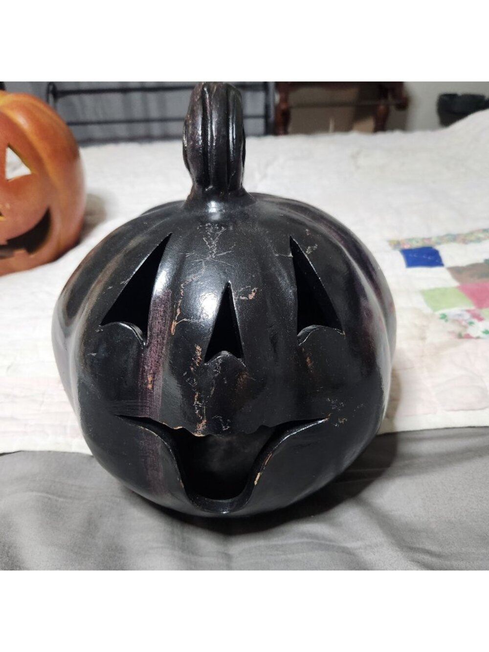 Vintage Rustic Black Terracotta Jack-O-Lantern Pumpkin Candle Holder 12" Tall Di